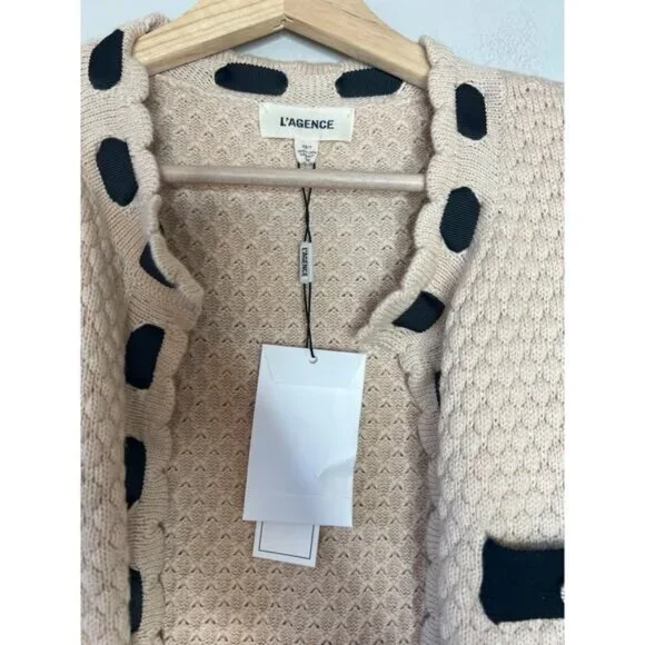 NWT L'Agence Strong Shoulder Decorative Knit Pockets Open Cardigan Cream XS
